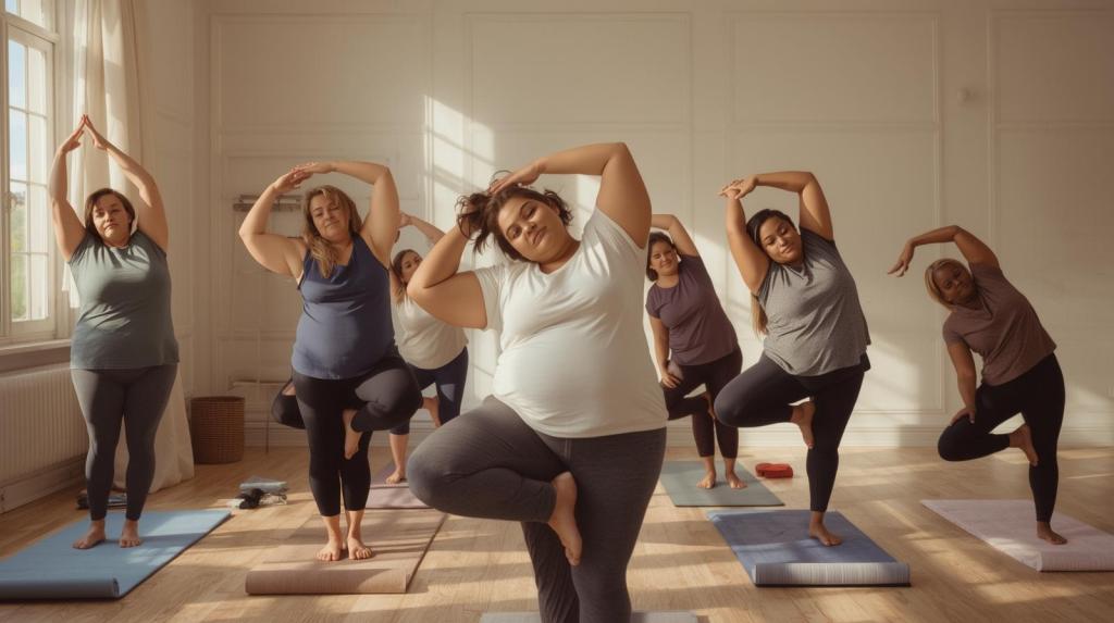 A diverse group of women practicing yoga in a bright studio, showcasing various poses that highlight movement and mindfulness.