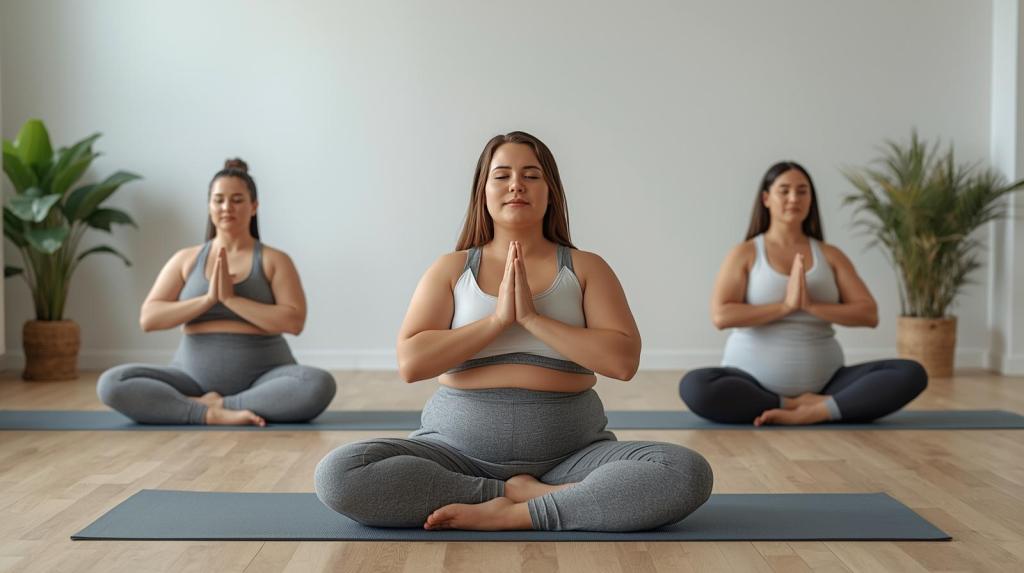 Three women practicing yoga in a serene studio environment, sitting cross-legged on mats with hands in prayer position, surrounded by indoor plants.