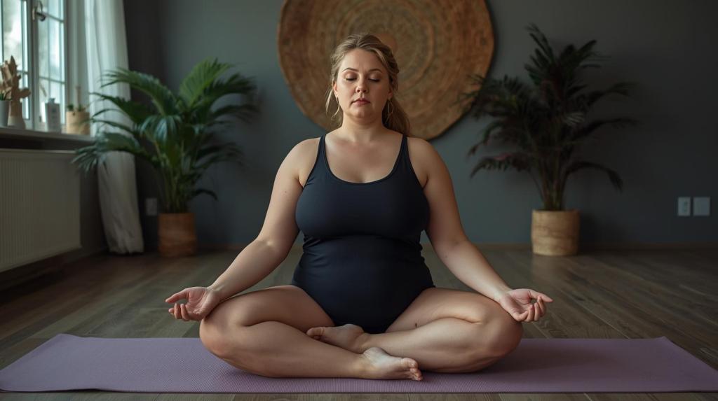 A person practicing meditation in a serene indoor space with plants, sitting cross-legged on a yoga mat, eyes closed and hands resting on their knees.